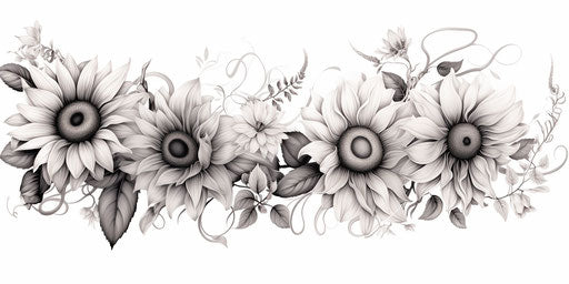 Black and white pattern with sunflowers, realistic graphite style, organically inspired body art
