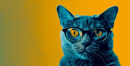 Gray cat with glasses on blue background, post-'70s ego generation style