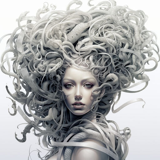 Drawing of woman with Medusa head, hyper-realistic detail