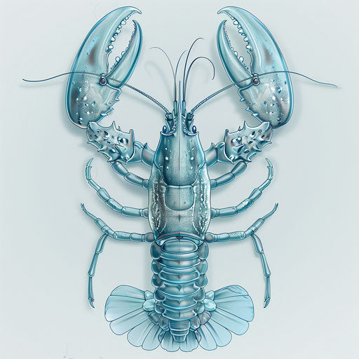 Eerie flat tattoo sketch of a phantom lobster with a translucent shell, muted blues and whites, clipart style