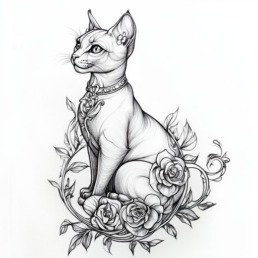 Drawing of elegant cat tattoo design in fine-line style