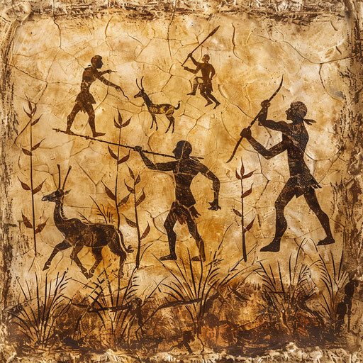 Human hunters hunting gazelles in cave painting style