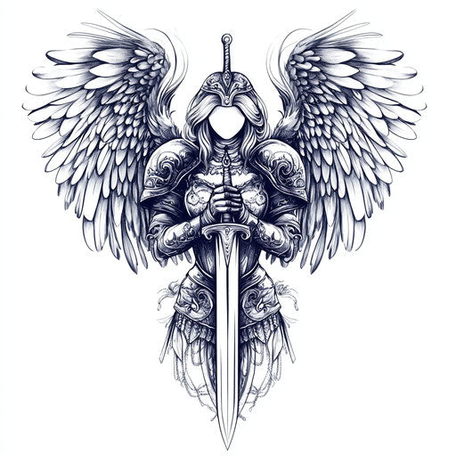 Angel with sword and armor, flat tattoo sketch on white