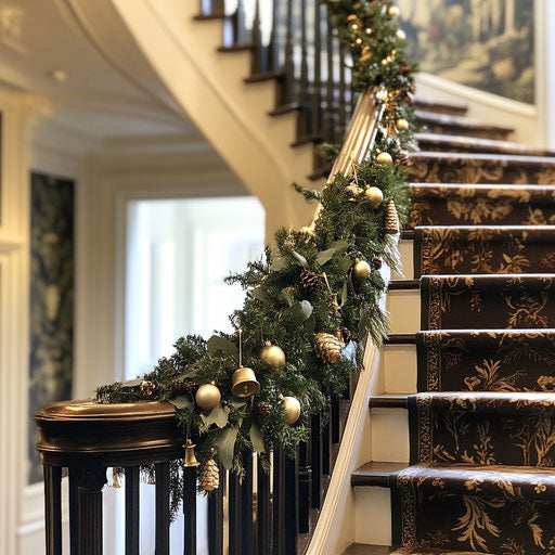 Festive garland on graceful staircase banister