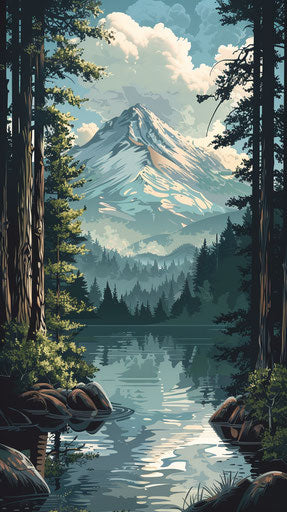 Pacific Northwest forest with Mount Hood in the background. Comic book style