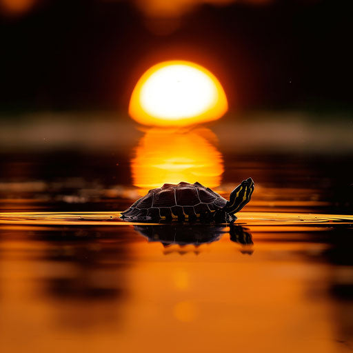 Yellow-spotted turtle silhouetted against setting sun on peaceful lake