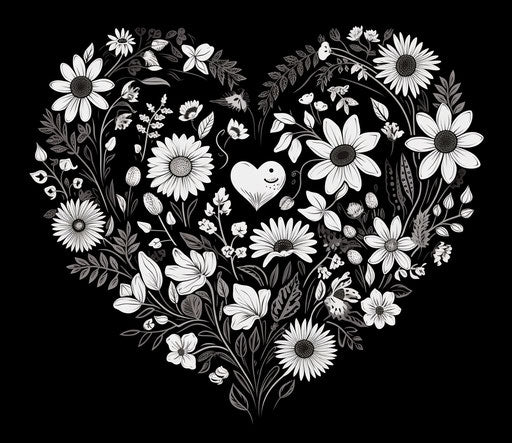 Black and white heart with flower inside heavy outlines