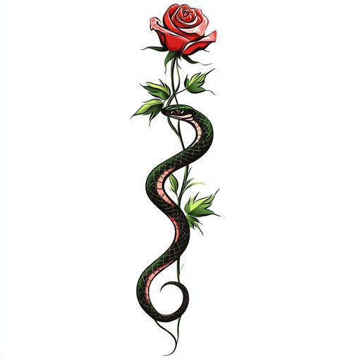 Snake and rose in clipart style on pure white background