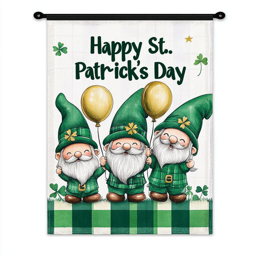 St. Patrick's Day garden flag with three cute gnomes