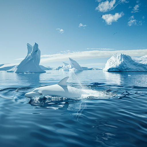 Beluga whale among floating icebergs under a clear blue sky