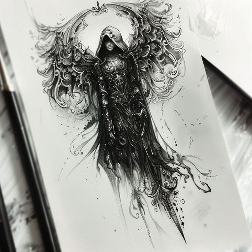 Elegant sketch of the angel of death with intricate lace patterns, in black and silver