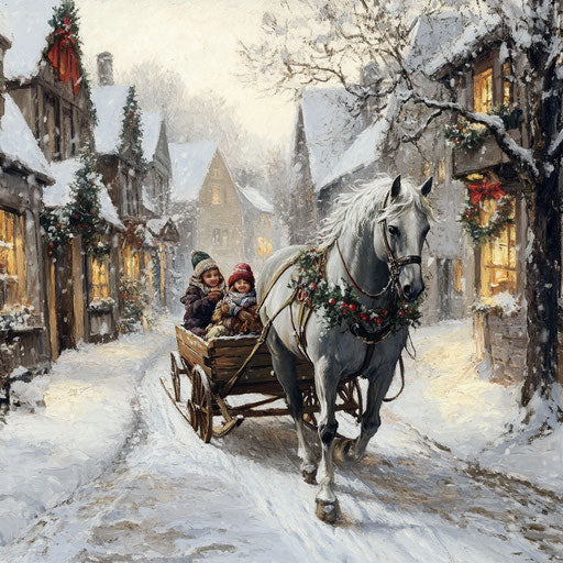 Dapple gray horse pulling a family on a wooden sled down a quaint snowy street