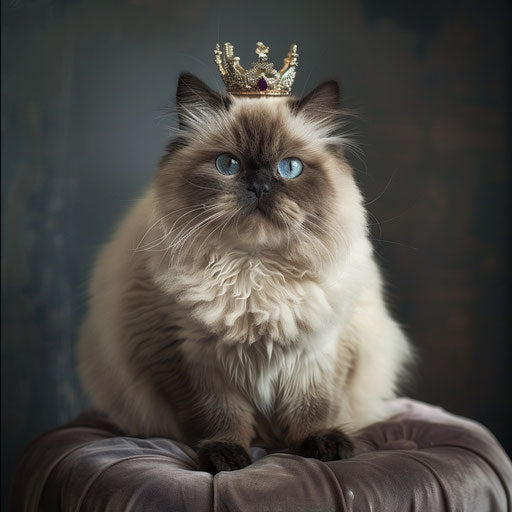 Himalayan cat with regal posture, wearing small crown, indoors