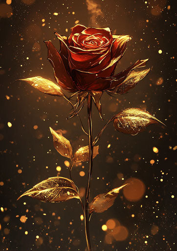 Golden rose with golden leaves and petals, deep red color, background of gold dust, digital art style, fantasy realism, golden light effects, glowing shadows.