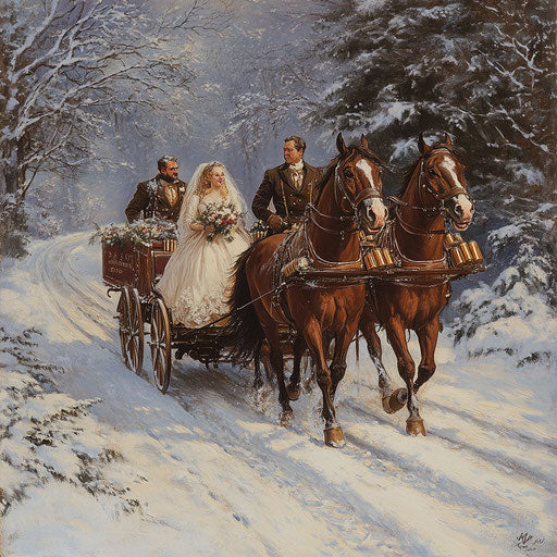 Wed couple pulled by Clydesdales on beer wagon through snowy lane
