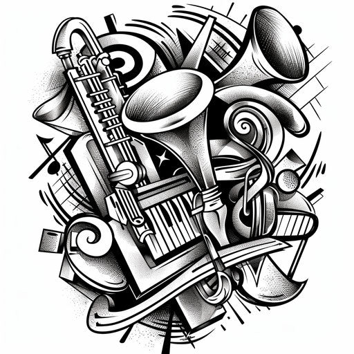 Contemporary tattoo sketch of abstract musical instruments