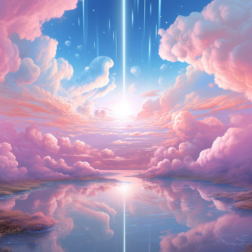 Whimsical sky with cloud of pink, blue, and white