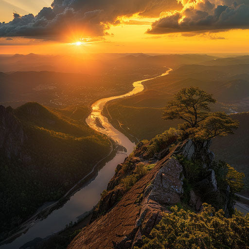 Mountain overlook with river winding through valley, golden light