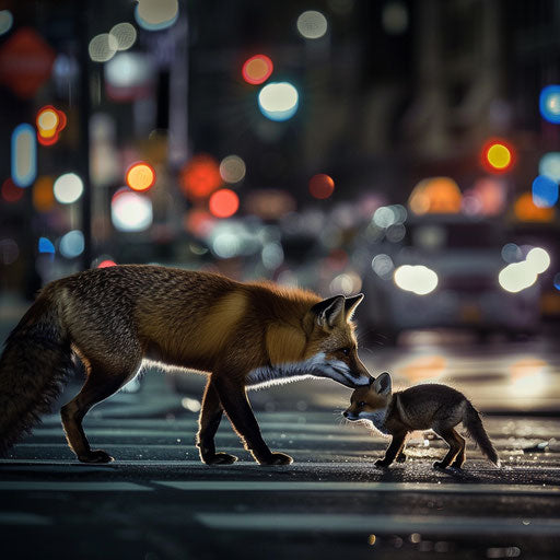 A heartwarming scene of a fox gently guiding its young across a busy city street at night
