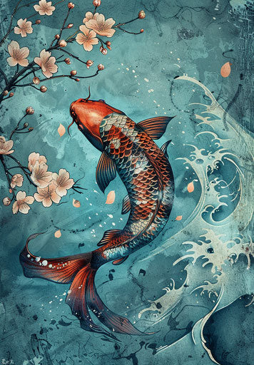 Japanese koi fish with flowers on water, whimsical style