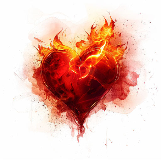 Red heart on fire on white background, vfxfriday style