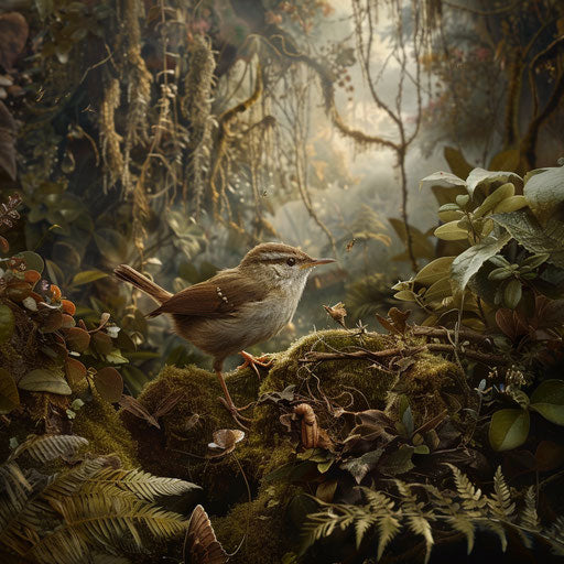 Wren feeding on insects in a lush forest