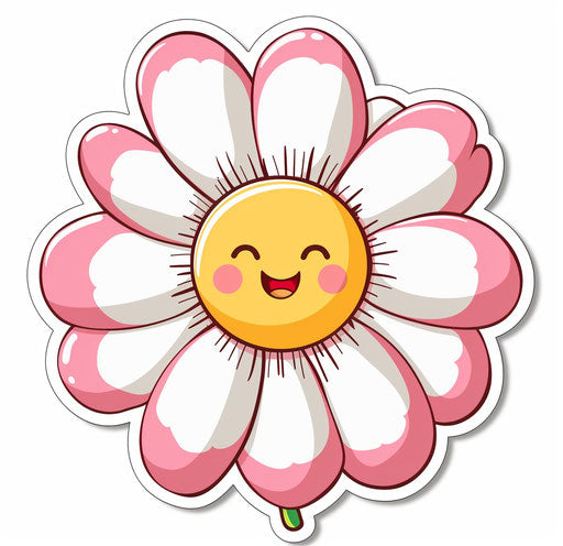 Pink and white flower with smiley face sticker