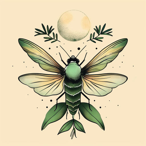 Zen tattoo sketch of a firefly with minimalist strokes and tranquil green shades in a serene clipart style
