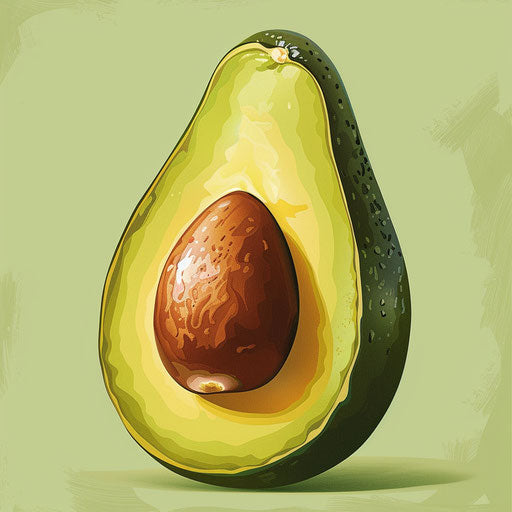 Avocado clipart in a realistic depiction with a flat, muted olive background, focusing on soft gradients and refined linework