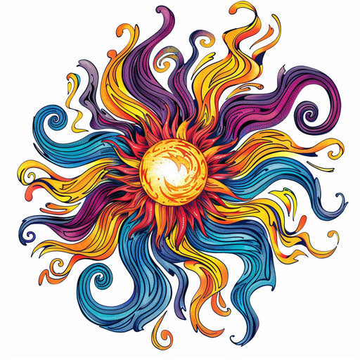 Vibrant tattoo sketch of a rising sun with psychedelic swirl patterns in clipart style
