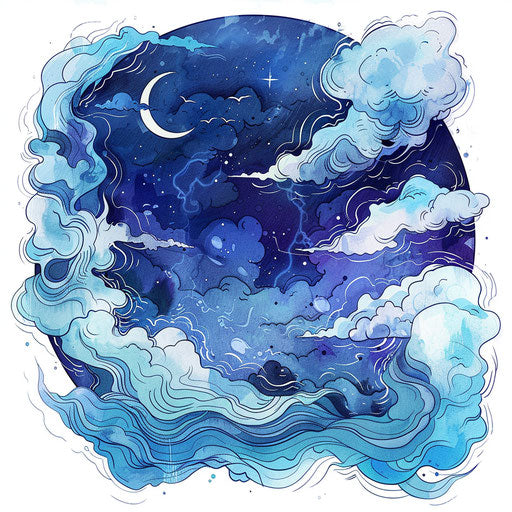 Serene storm in flat tattoo style with watercolor blues