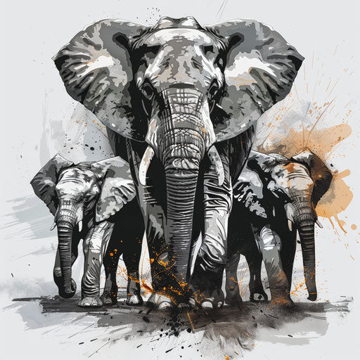 Family of elephants holding trunks, grey tones