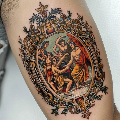 Roman mythology scene in vibrant colors on white background