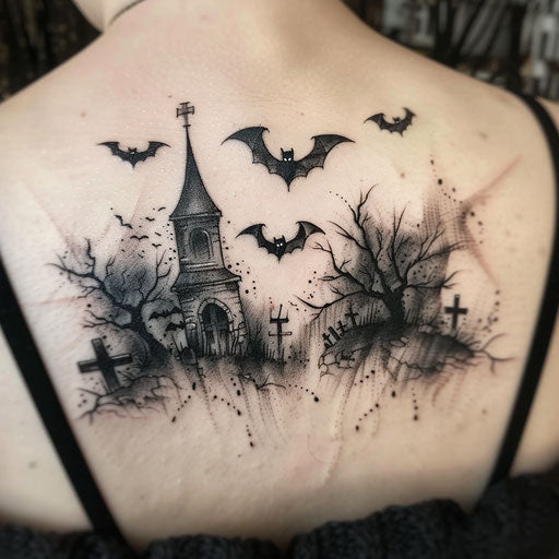 Spooky night tattoo with bats flying over cemetery