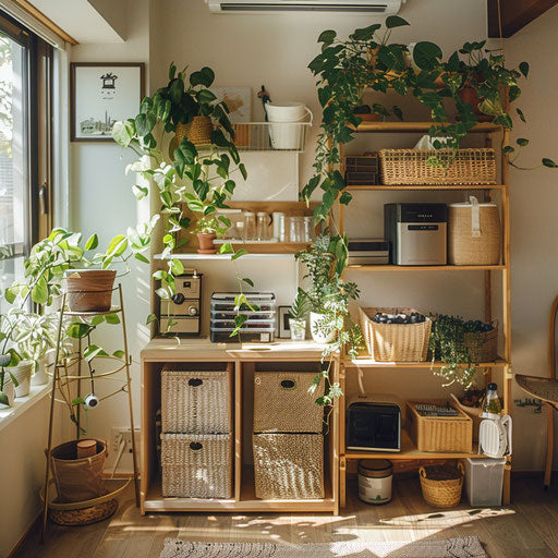 Eco-friendly home office with sustainable materials and greenery