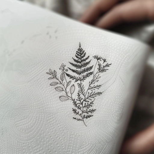 Minimalist black ink sketch of a small fern and flower tattoo on a white sheet