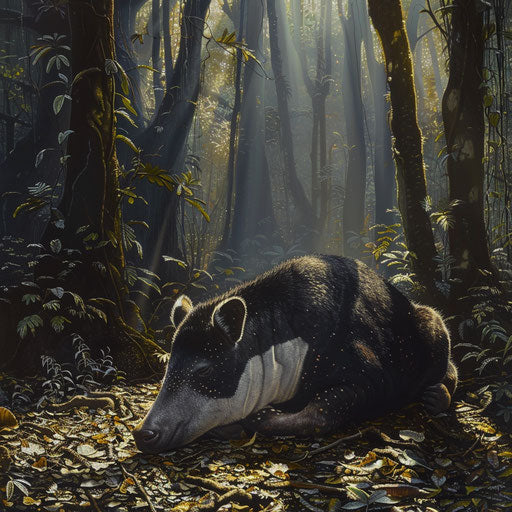 Tapir lying in sunlight filtering through rainforest