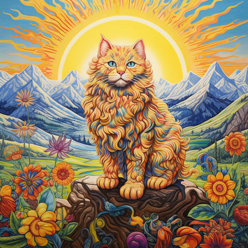 Cat sitting in front of mountain scenery