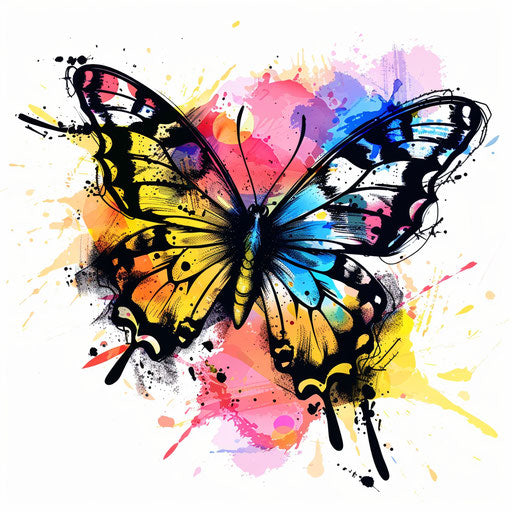 Watercolor butterfly with splashed ink, vibrant colors