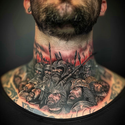 Neck tattoo epic fantasy warriors, Peter Jackson style