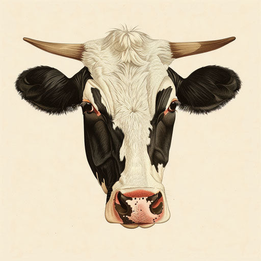 Realistic cow head clipart on flat beige background with rustic appeal