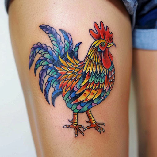 Cartoonish rooster tattoo artwork, colorful and playful