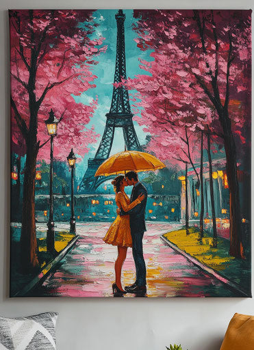 Romantic painting of Paris with the Eiffel Tower in the background