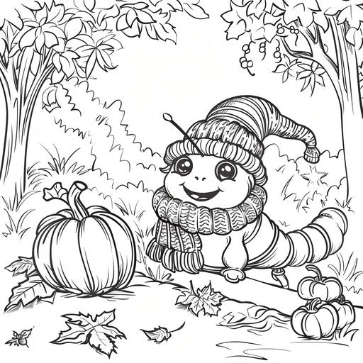 Cheerful caterpillar with scarf and hat in autumn
