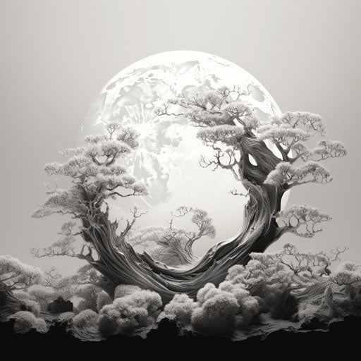Black and white drawing of the moon, arsham style, botanical illustrations, light silver and silver, rinko kawauchi, texture-based, david burdeny, psychedelic surrealism