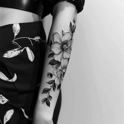 Blackwork floral tattoo with strong contrast on white background
