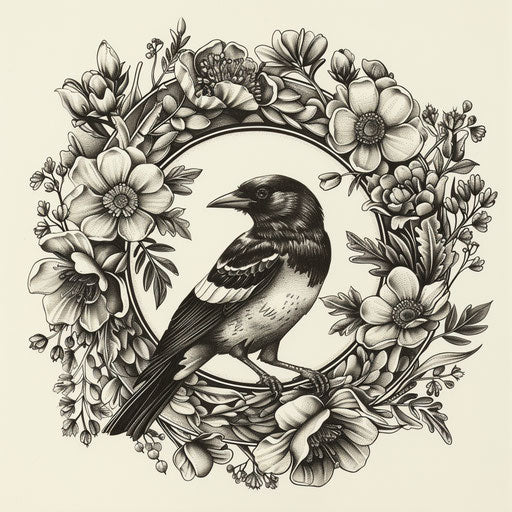 Intricate flat tattoo sketch with a magpie surrounded by an ornate floral wreath
