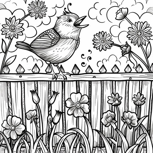 Bird singing on a fence with flowers