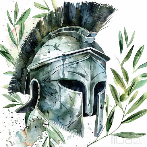 Elegant Spartan helmet with olive leaves, watercolor style