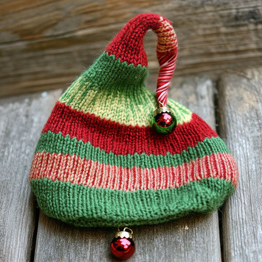 Whimsical elf hat with green and red stripes